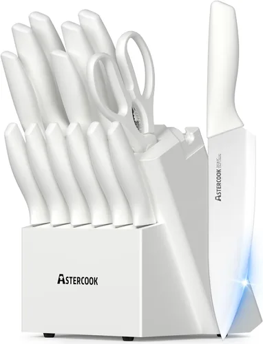 Miniatura 13 de Astercook - Juego de cuchillos de cocina con bloque y afilador de 15 piezas. Cuchillos alemanes de acero inoxidable de alta carbono con Azul