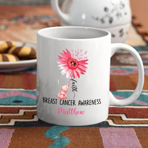 Miniatura 3 de Taza de café de concientización sobre el cáncer de mama con nombre personalizado, taza de café de 11 onzas, taza de té de cerámica blanca