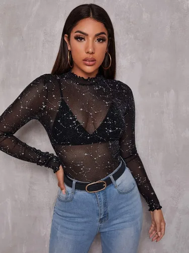 Miniatura 4 de Floerns - Blusas de malla transparente con estrellas de manga larga con cuello alto para mujer