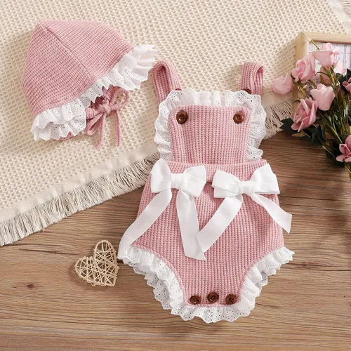 Miniatura 2 de Mameluco de una sola pieza de algodón y lino para bebé niña con volantes, sin mangas, con volantes, gorro