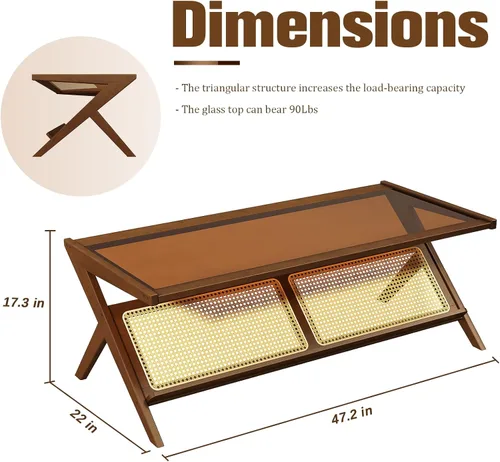 Miniatura 2 de Bamworld - Mesa de centro moderna de mediados de siglo con tapa de vidrio, mesa central de ratán con almacenamiento para sala de estar, color marrón
