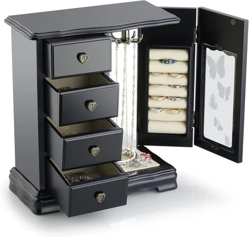 Miniatura 3 de RR ROUND RICH DESIGN Joyero de madera maciza para maquillaje y organizador de anillos para mujer, con 4 cajones incorporados, carrusel de collar