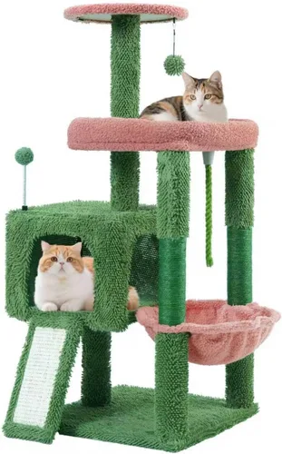 TWDEPART Torre de árbol para gatos todo en uno de 37.5 pulgadas con tabla de rascar y postes, acogedora hamaca para dormir y pelotas de juguete,