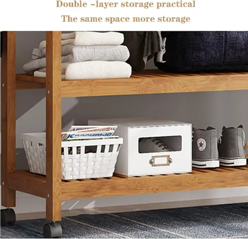 Miniatura 5 de Perchero de madera independiente para ropa, con 2 estantes de almacenamiento y 4 ganchos, ideal para almacenamiento de ropa de dormitorio