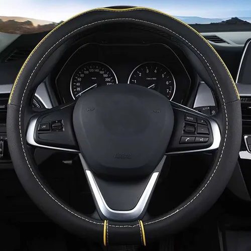 Miniatura 5 de SHIAWASENA Funda para volante de coche, ajuste universal de 15 pulgadas, piel suave, transpirable y antideslizante (negro y gris)