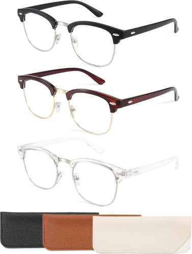 CCVOO Paquete de 3 Gafas de Lectura con Bloqueo de Luz Azul, Lectores Retro Semi Sin Marco para Hombres y Mujeres, Gafas Redondas con Filtro UV400