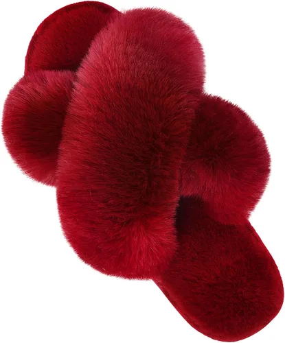 Parlovable Women's Cross Band Slippers Fuzzy Soft House Slippers Plush Furry Warm Cozy Open Toe Fluffy Home Shoes Comfy Indoor Outdoor Slip On