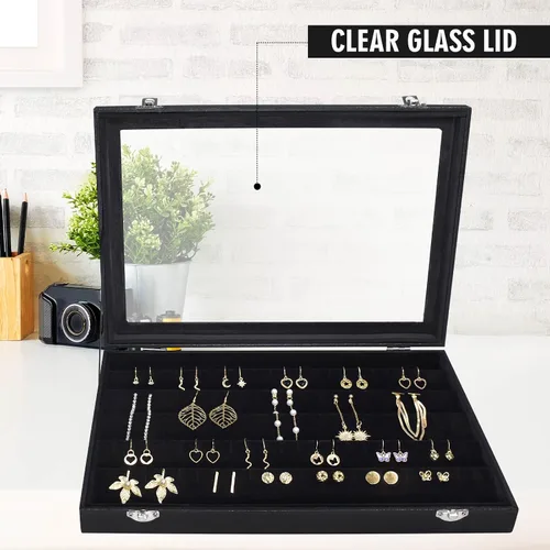 Miniatura 5 de Bandeja organizadora de aretes, bandeja de joyería con tapa, caja de almacenamiento de aretes y estuche de exhibición de joyas, mantén tus aretes