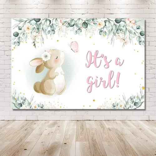 Miniatura 6 de MEHOFOND Fondo para decoración de fiesta de baby shower, de 7 x 5 pies, pancarta de primavera de Pascua, rosa, floral, mariposa, conejo, hojas