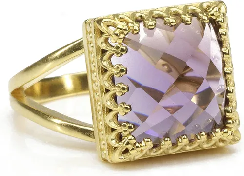 Miniatura 3 de Intrincado anillo de piedra natal de febrero, anillo de amatista en doble banda chapada en oro de 14 quilates, joyería de amatista hecha a mano