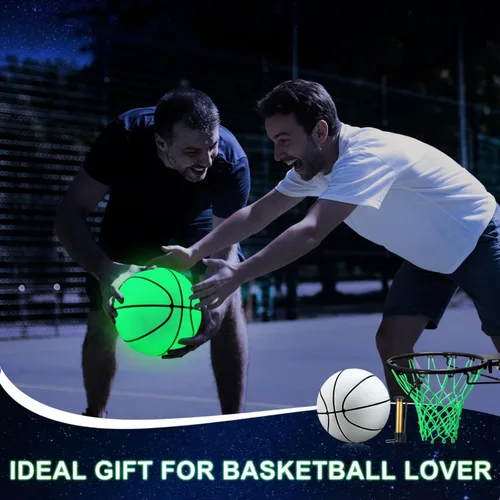 Miniatura 7 de Jenaai Juego de 3 piezas de baloncesto brillante, incluye tamaño 7 brillante baloncesto luz nocturna red con bomba para aro luminoso regalo