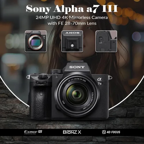 Miniatura 4 de Sony Cámara sin espejo Alpha a7 III con lente FE de 1.102-2.756 in, marco completo de 24.2MP, video 4K, paquete con bolsa, tarjeta SD de 64 GB
