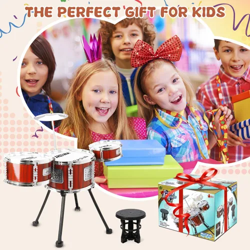 Miniatura 6 de Juego de Batería para Niños, Juguetes Musicales, Juego de Tambores para Niños Pequeñas de 3 a 5 Años, Kit de Tambores Jazz con Taburete, 3 Tambores