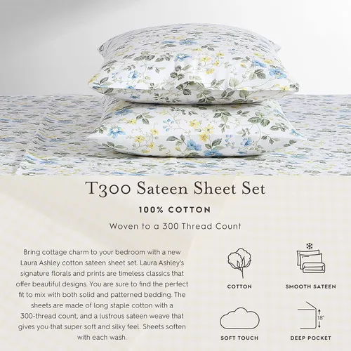 Miniatura 4 de Laura Ashley - Juego de sábanas King, sábans de cama extremadamente suaves con una sensación ligera y naturalmente sedosa de algodón satinado - Musa