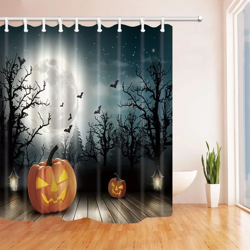 Miniatura 2 de Cortina de ducha de Halloween, bosque espeluznante y luna de calabaza, 72 x 72 pulgadas, juego de decoración de baño de tela de poliéster con 12