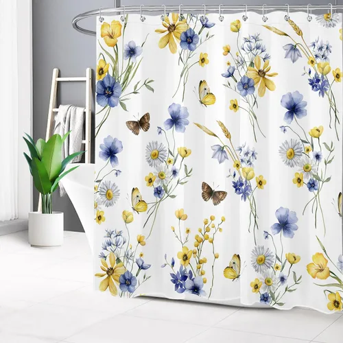 Miniatura 8 de EOBTAIN Cortina de ducha floral de acuarela para baño, margaritas y mariposas sobre tela beige con 10 ganchos, juego de cortinas de baño rústicas