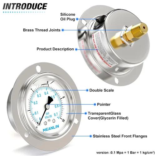 Miniatura 4 de MEANLIN MEASURE 0~10 psi Manómetro de llenado de líquido, esfera con cara de 2.5 pulgadas, montaje en panel con brida frontal, 1/4" NPT, carcasa