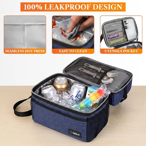 Miniatura 4 de OPUX Lonchera para hombres y mujeres, lonchera grande aislada para adultos, trabajo, doble lonchera de dos niveles, preparación de comidas, Azul