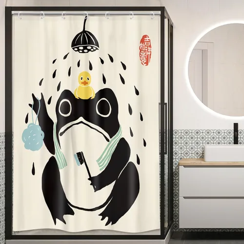 Miniatura 2 de Juego Divertido de Cortina de Rana Retro para Ducha, Juego de Baño 48x71 Pulgadas, Estilo Asiático Lindo, Arte Japonés Tradicional de Pato de Goma