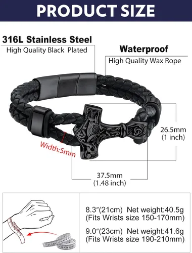Miniatura 9 de Bandmax Pulsera trenzada de cuero negro para hombre con colgante gótico punk, pulsera de cuero con hebilla de acero inoxidable, paquete de regalo