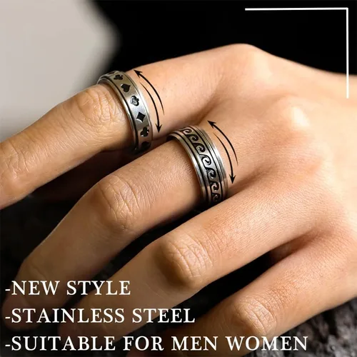 Miniatura 3 de Anillos antiestrés de acero inoxidable para hombres, anillos plateados para ansiedad para mujeres, juego de anillos giratorios geniales, paquete