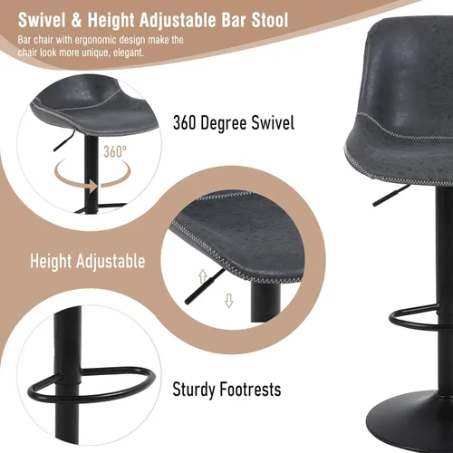 Miniatura 5 de Juego de 2 taburetes de bar, taburetes de bar giratorios de altura de mostrador con respaldo, sillas de bar ajustables, taburete alto sin brazos