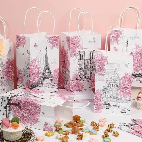 Miniatura 3 de ZOIIWA 12 bolsas de regalo de la Torre Eiffel de París, bolsas de dulces de primavera rosa de la Torre Eiffel, bolsas de regalo de la Torre Eiffel