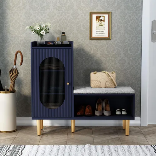 Miniatura 11 de HLR Banco de almacenamiento con puerta y estante de cristal, moderno banco de zapatos de entrada con asiento acolchado, armario de almacenamiento
