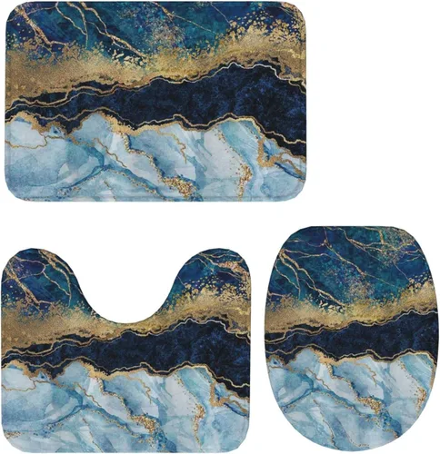 Miniatura 9 de Evealyn Juego de 3 tapetes de baño antideslizantes y absorbentes para baño, color azul marino, juego de alfombras de ducha para baño, dormitorio