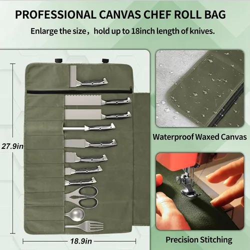 Miniatura 2 de lelezone Bolsa enrollable para cuchillos de chef, resistente al agua, funda de lona encerada para cuchillos, bolsas enrollables para chefs