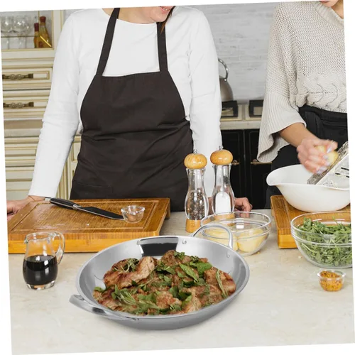 Miniatura 7 de Kichvoe Sartén de acero inoxidable Wok de fondo plano para freír hogar con asas antiadherente para servir alimentos de mariscos 7.9 in olla