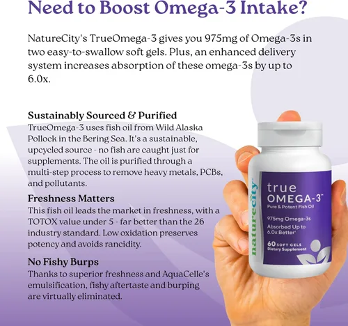 Miniatura 4 de NatureCity True-Omega-3 975 mg Omega-3 Suplementos de aceite de pescado con absorción mejorada de AquaCelle para apoyo cardíaco, cerebro