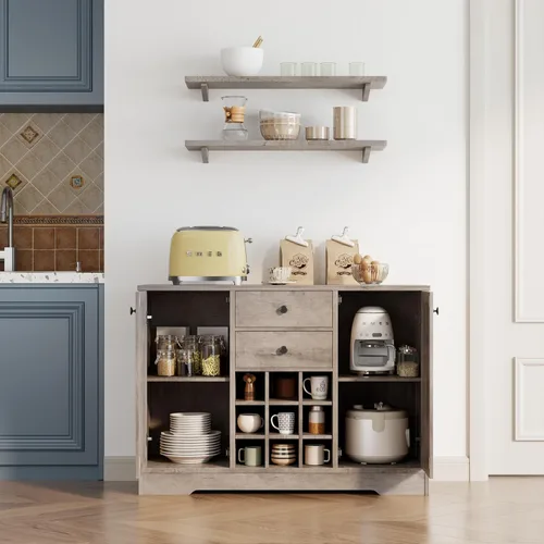 Miniatura 5 de BOTLOG Gabinete de barra de café, armario de almacenamiento de bufé de cocina con almacenamiento, 43.3 pies de aparador de buffet con cajones, Gris