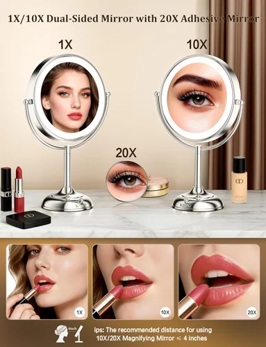 Miniatura 2 de VESAUR Espejo de maquillaje iluminado 2026 actualizado 20X con aumento, espejo de aumento de 9 pulgadas 1X10X con 3 modos de color y brillo