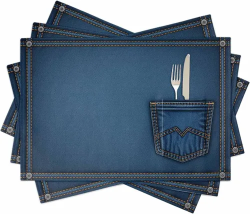 Western Cowboy - Juego de 4 manteles individuales para mesa de comedor, tela de lino de algodón con bolsillo, arpillera cuadrada, rectangular,