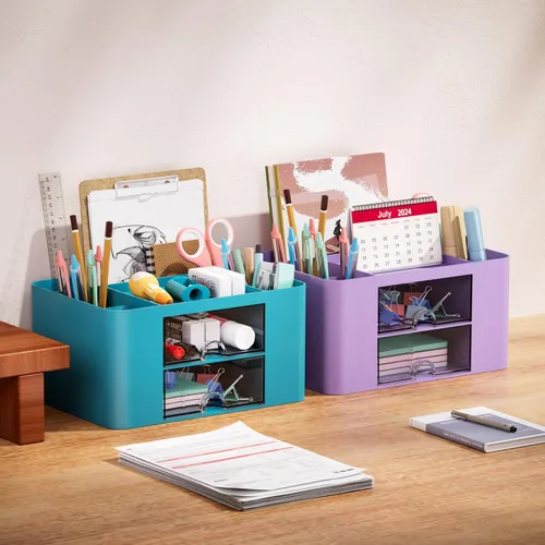 Miniatura 5 de Marbrasse Organizador de bolígrafos con 2 cajones, portaplumas multifuncional para escritorio, organizadores de escritorio y accesorios con 5