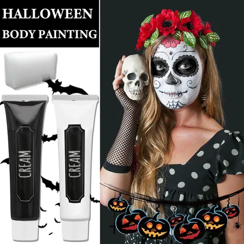 Miniatura 2 de Pintura corporal blanca y negra, paleta de maquillaje SFX con pinceles, paleta de pintura de crema a base de aceite, kit de maquillaje de Halloween