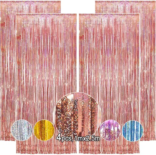 Miniatura 13 de Paquete de 4 cortinas de flecos plateados de 12.8 x 8.2 pies, cortinas de flecos de oropel metálico brillante, cortina de fondo de oropel plateado