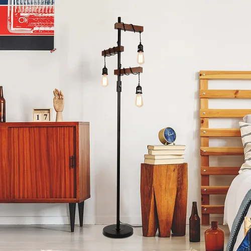 Miniatura 6 de Lámpara de pie industrial, estilo árbol de granja de 68 pulgadas, 3 luces, lámpara de pie de madera, poste alto de metal vintage negro resistente