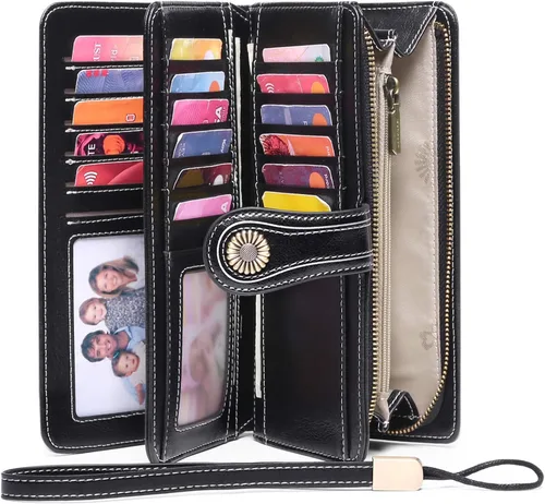 Miniatura 5 de SENDEFN - Cartera de cuero genuino para mujer con correa, 24 ranuras para tarjetas, 2 compartimentos para tarjetas de identificación, ventanas