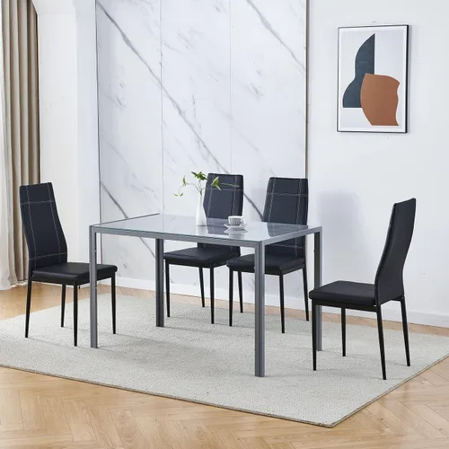 Miniatura 11 de Juego de 4 mesas de comedor y sillas negras modernas de 5 piezas para cocina pequeña, mesa rectangular de vidrio templado y 4 sillas de terciopelo
