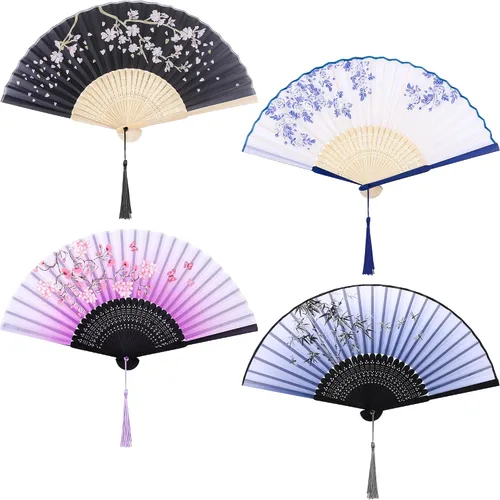 Miniatura 11 de Aneco 4 ventiladores plegables de mano, abanicos de tela de seda, abanicos de mano para bodas, fiestas, regalos, decoración de pared