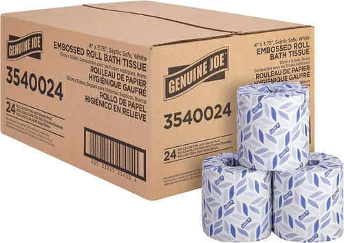 Miniatura 6 de Genuine Joe papel higiénico con relieve, 2 capas, seguro para fosas sépticas, envuelto individualmente, 4.5" x 3.75", 500 hojas/rollo, 96