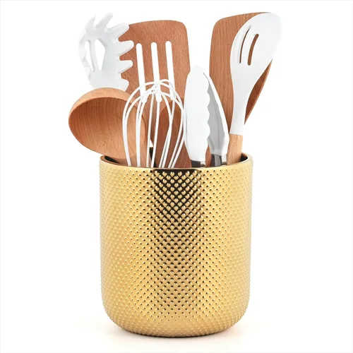 Soporte para utensilios de cerámica para encimera de cocina, soporte dorado para encimera, 5.1 pulgadas de ancho x 6.6 pulgadas de alto