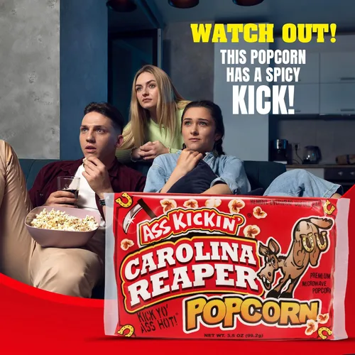 Miniatura 7 de KICKIN' Carolina Reaper - Palomitas de maíz para microondas con pimienta – Paquete de 6 – Palomitas de maíz gourmet picantes – Son una gran