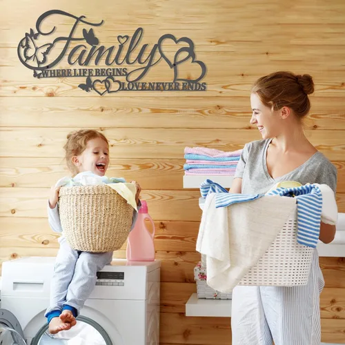 Miniatura 7 de Family Where Life Begins Love Never Ends Word - Decoración de pared de metal negro con corazón de mariposas, escultura colgante de letras de hierro