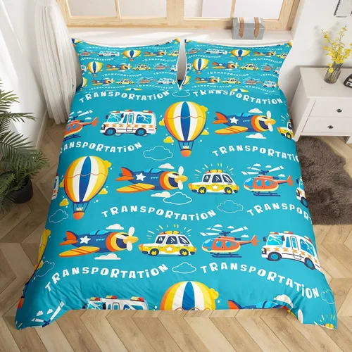 Erosebridal Funda de edredón de vehículos de dibujos animados tamaño individual para niños y niñas, juego de ropa de cama Kawaii de helicóptero,