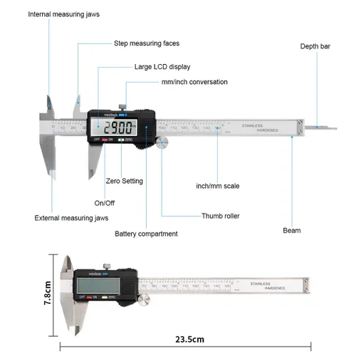 Miniatura 2 de Herramienta de medición de calibre, Qfun calibre digital de vernier de acero inoxidable de 6 pulgadas/150 mm, micrómetro digital impermeable, fácil