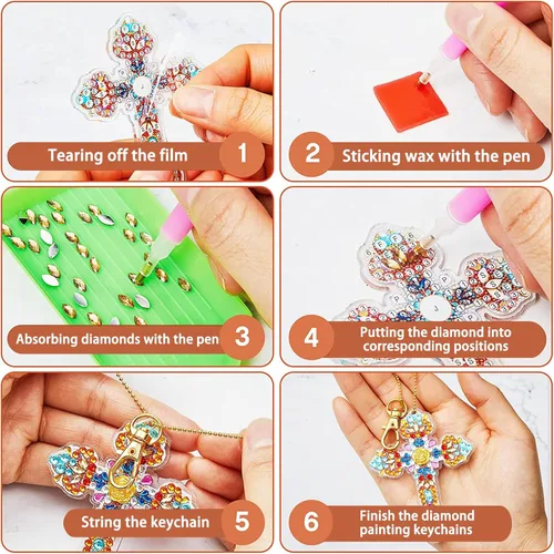 Miniatura 4 de YUE ZHE 16 piezas de arte de diamantes cruzados para adultos, llaveros de arte de diamante de doble cara, en forma de cruz, pintura 5D, kits