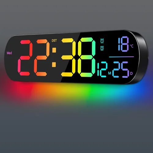 Reloj de pared digital grande de 14", cuenta regresiva, alarma, LED grande, 11 colores RGB, temperatura para sala de estar, aula, escritorio, regalo